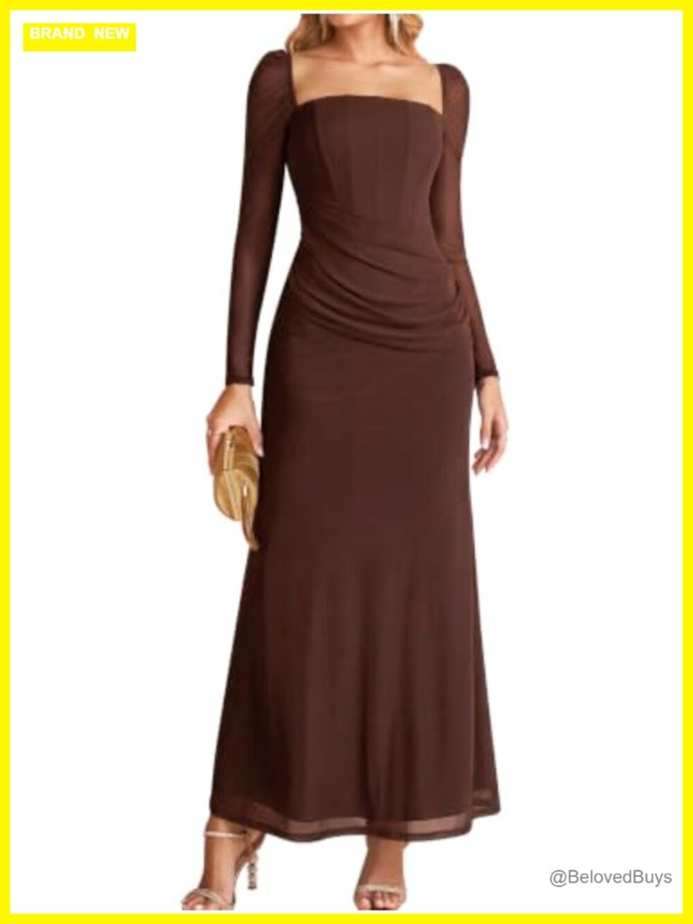 Womens Long Sleeve Ruched Bodycon Maxi Dress Corset Formal Wedding Guest
